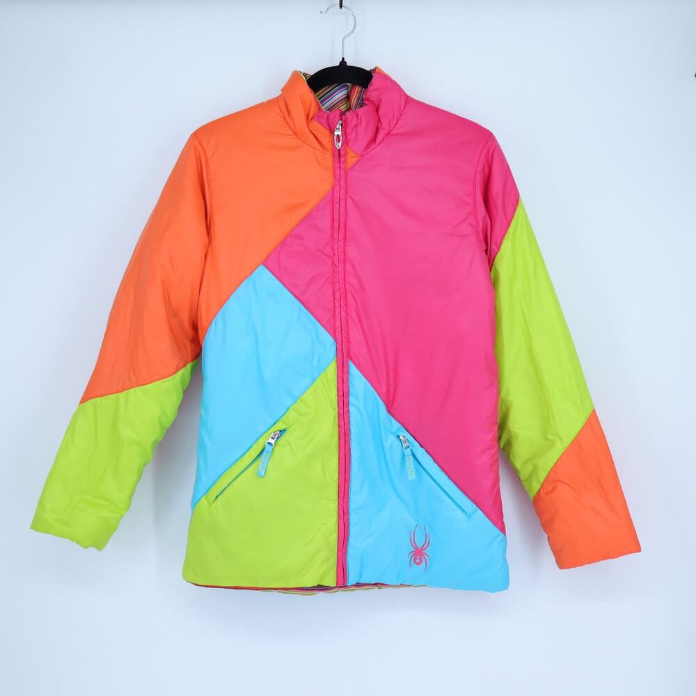 Spyder Colorblock Neon Puffer Jacket Multicolor Reversible Lightweight Kids XL